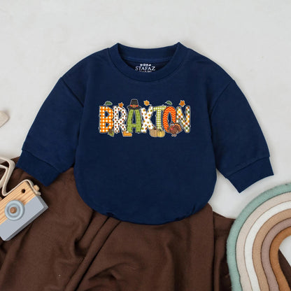 Braxton's First Thanksgiving Romper: Cute Personalized Turkey Day Outfit for Baby, Autumn Leaves Bodysuit, Festive Fall Apparel, Gingham Checks
