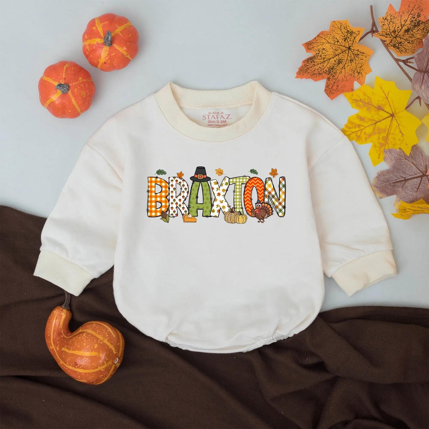 Braxton's First Thanksgiving Romper: Cute Personalized Turkey Day Outfit for Baby, Autumn Leaves Bodysuit, Festive Fall Apparel, Gingham Checks