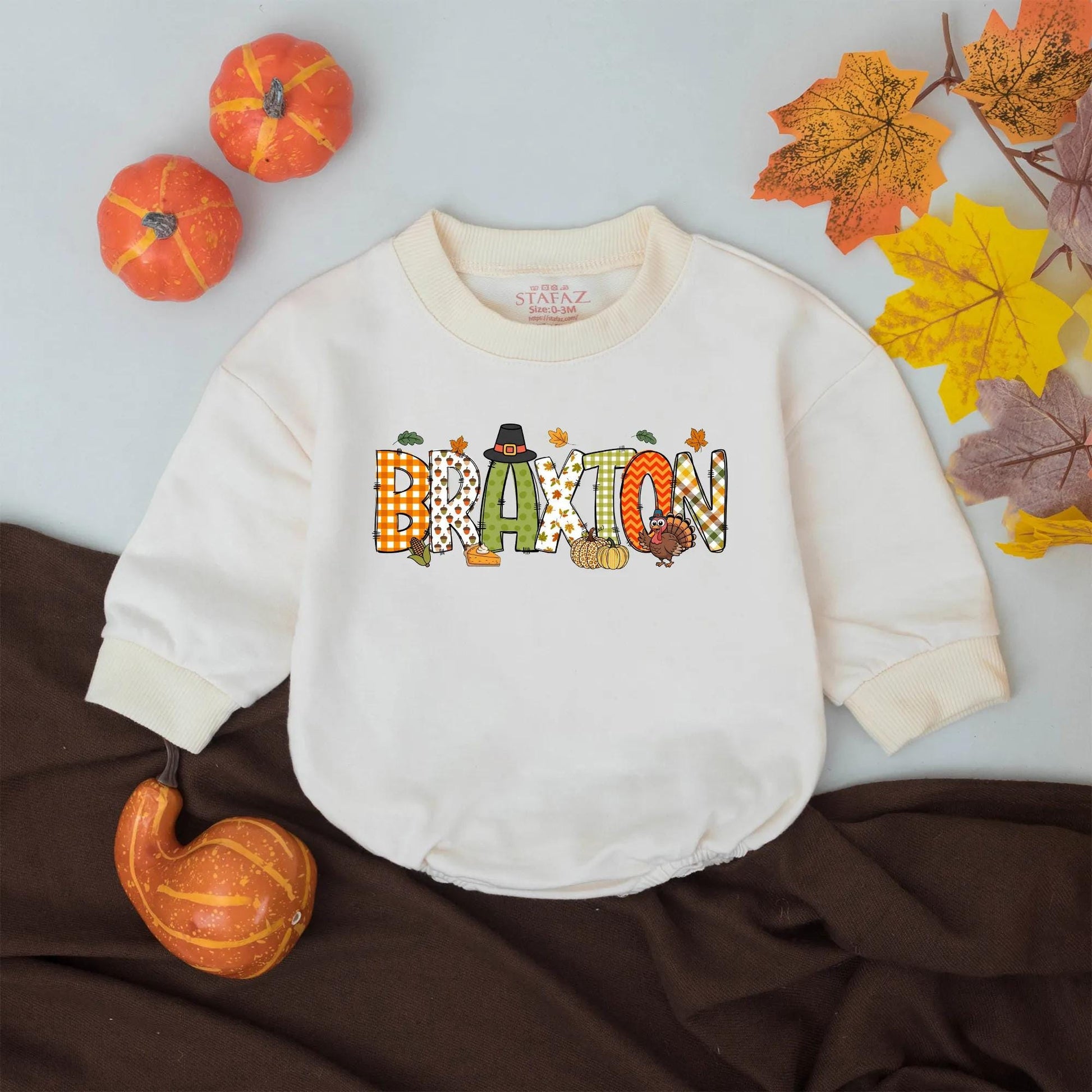 Braxton's First Thanksgiving Romper: Cute Personalized Turkey Day Outfit for Baby, Autumn Leaves Bodysuit, Festive Fall Apparel, Gingham Checks