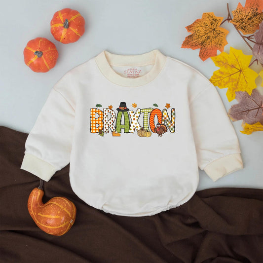 Braxton's First Thanksgiving Romper: Cute Personalized Turkey Day Outfit for Baby, Autumn Leaves Bodysuit, Festive Fall Apparel, Gingham Checks