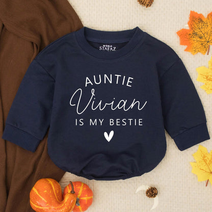 Personalized Auntie Is My Bestie Baby Bubble Romper Infant Outfit New Aunt Gift Toddler Clothes Modern Black Text Design Playful Style