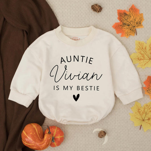 Personalized Auntie Is My Bestie Baby Bubble Romper Infant Outfit New Aunt Gift Toddler Clothes Modern Black Text Design Playful Style