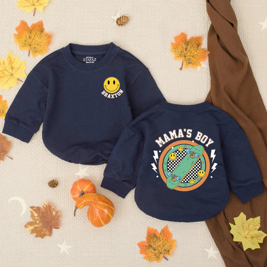 Custom Mama's Boy Yellow Smiley Face Bubble Romper with Name Retro Checkered Skateboard Baby Bodysuit Toddler Summer Newborn Shower Gift