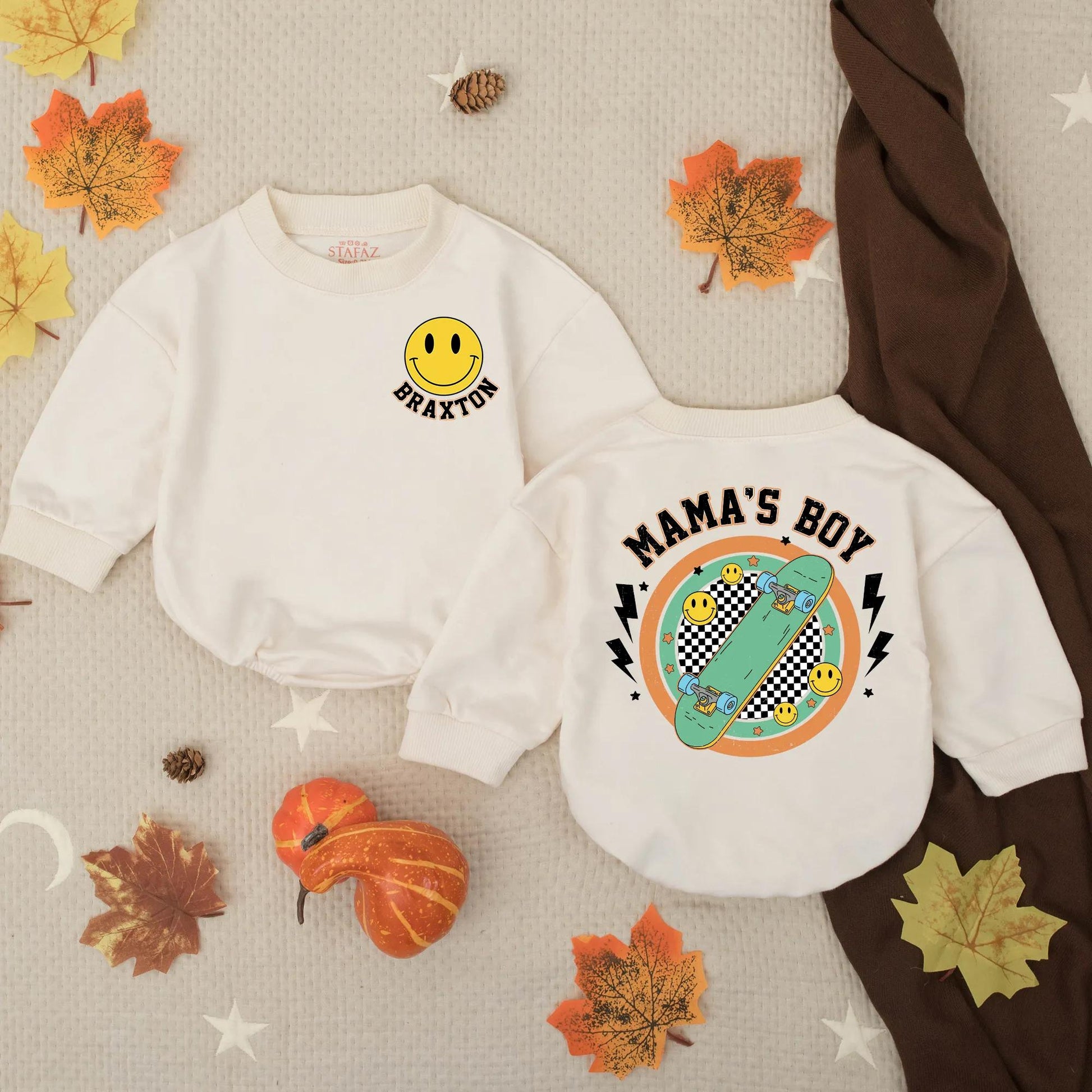 Custom Mama's Boy Yellow Smiley Face Bubble Romper with Name Retro Checkered Skateboard Baby Bodysuit Toddler Summer Newborn Shower Gift
