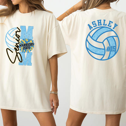 Senior Mom Volleyball Shirt Glitter M Warriors 2025 Ashley #15 Spirit Wear Game Day