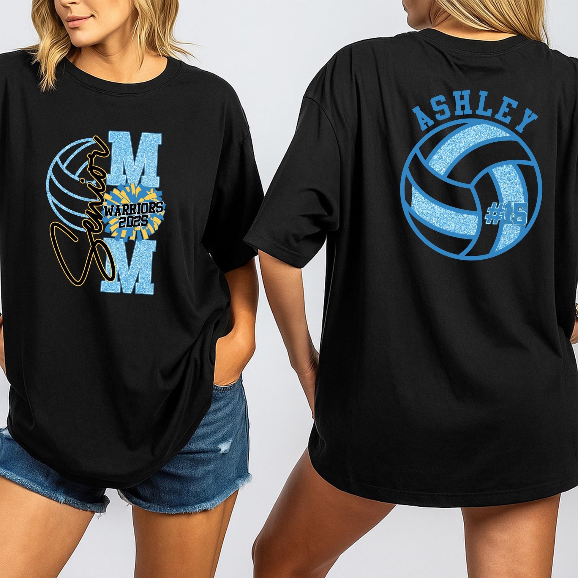 Senior Mom Volleyball Shirt Glitter M Warriors 2025 Ashley #15 Spirit Wear Game Day