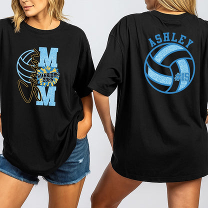 Senior Mom Volleyball Shirt Glitter M Warriors 2025 Ashley #15 Spirit Wear Game Day