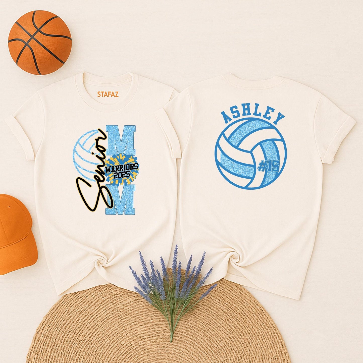 Senior Mom Volleyball Shirt Glitter M Warriors 2025 Ashley #15 Spirit Wear Game Day