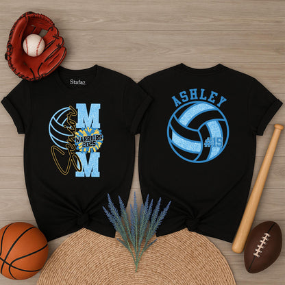 Senior Mom Volleyball Shirt Glitter M Warriors 2025 Ashley #15 Spirit Wear Game Day