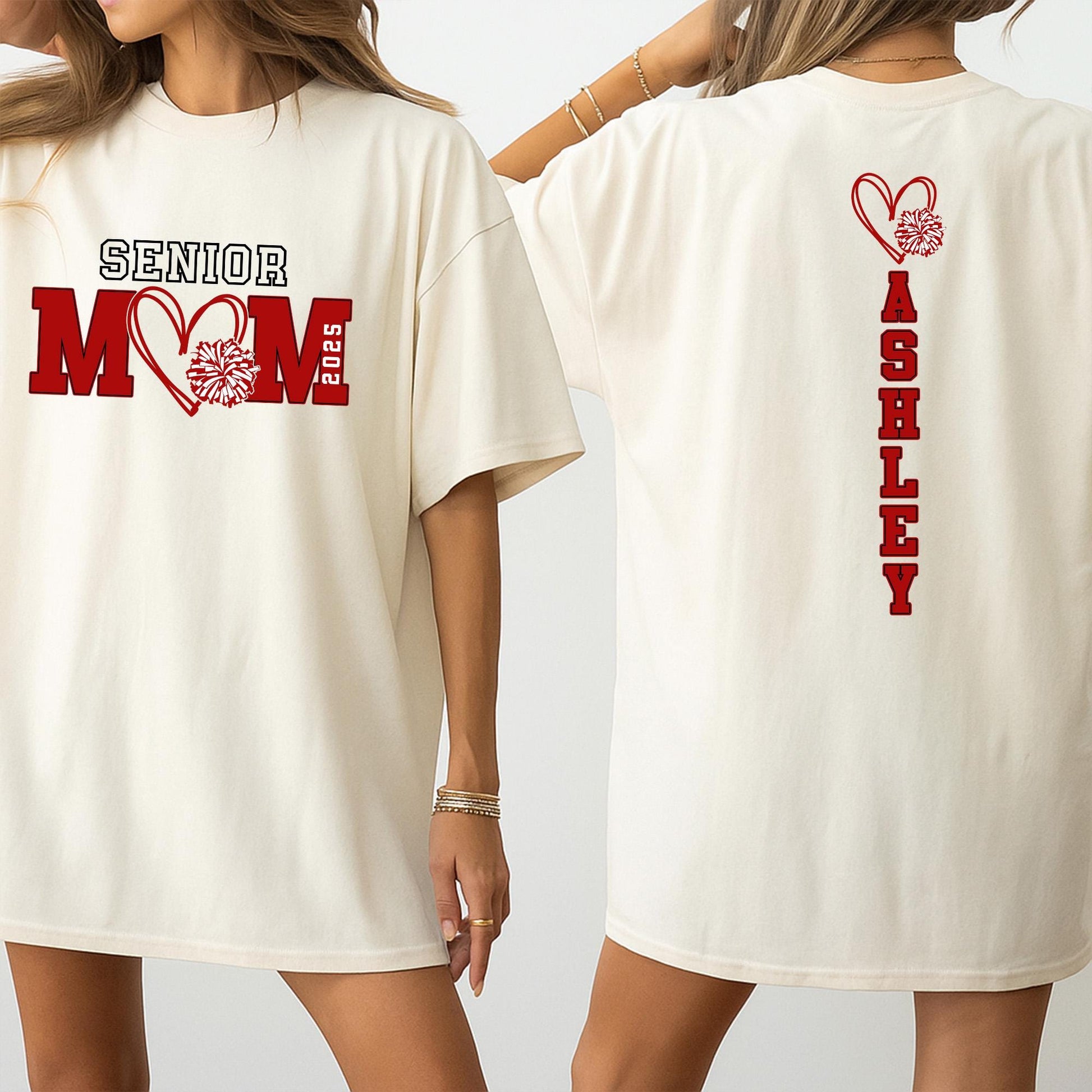 Senior Cheer Mom 2025 Shirt Custom Class of 2026 Spirit Wear with Pompom Heart Design for Senior Night School Team Pride