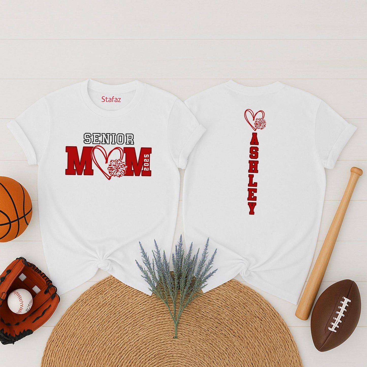 Senior Cheer Mom 2025 Shirt Custom Class of 2026 Spirit Wear with Pompom Heart Design for Senior Night School Team Pride