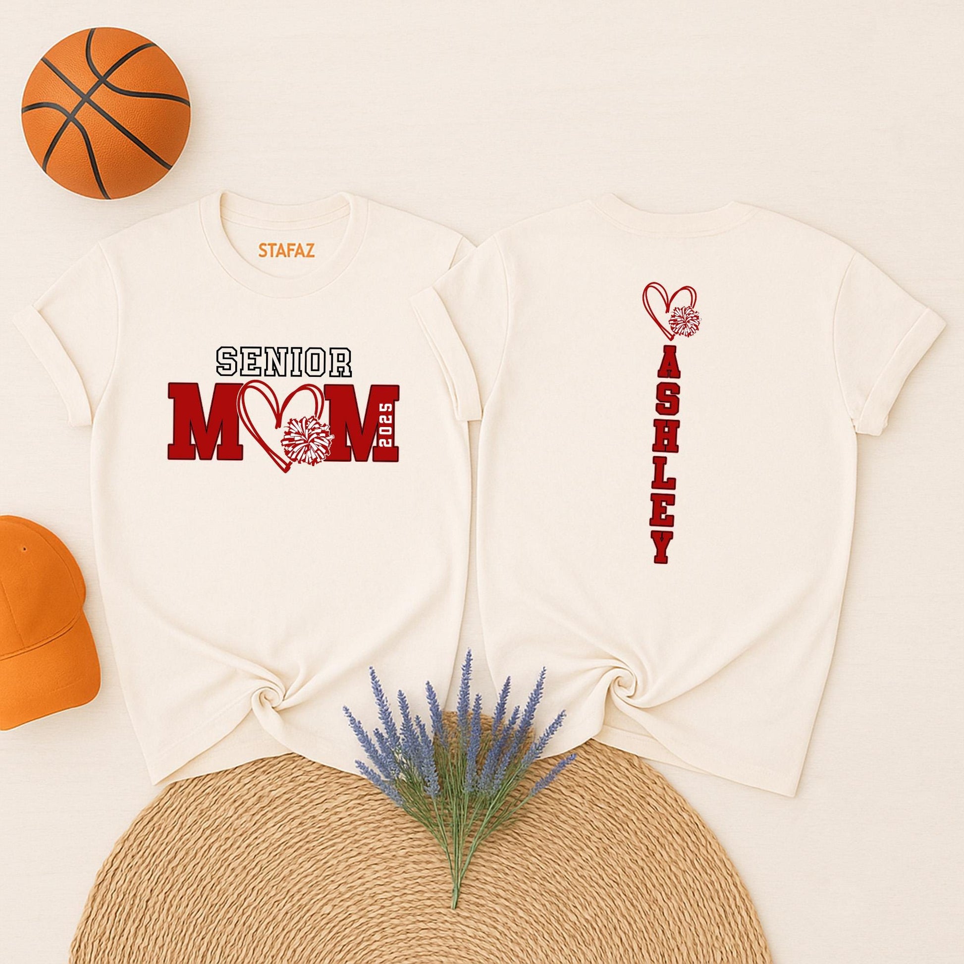 Senior Cheer Mom 2025 Shirt Custom Class of 2026 Spirit Wear with Pompom Heart Design for Senior Night School Team Pride