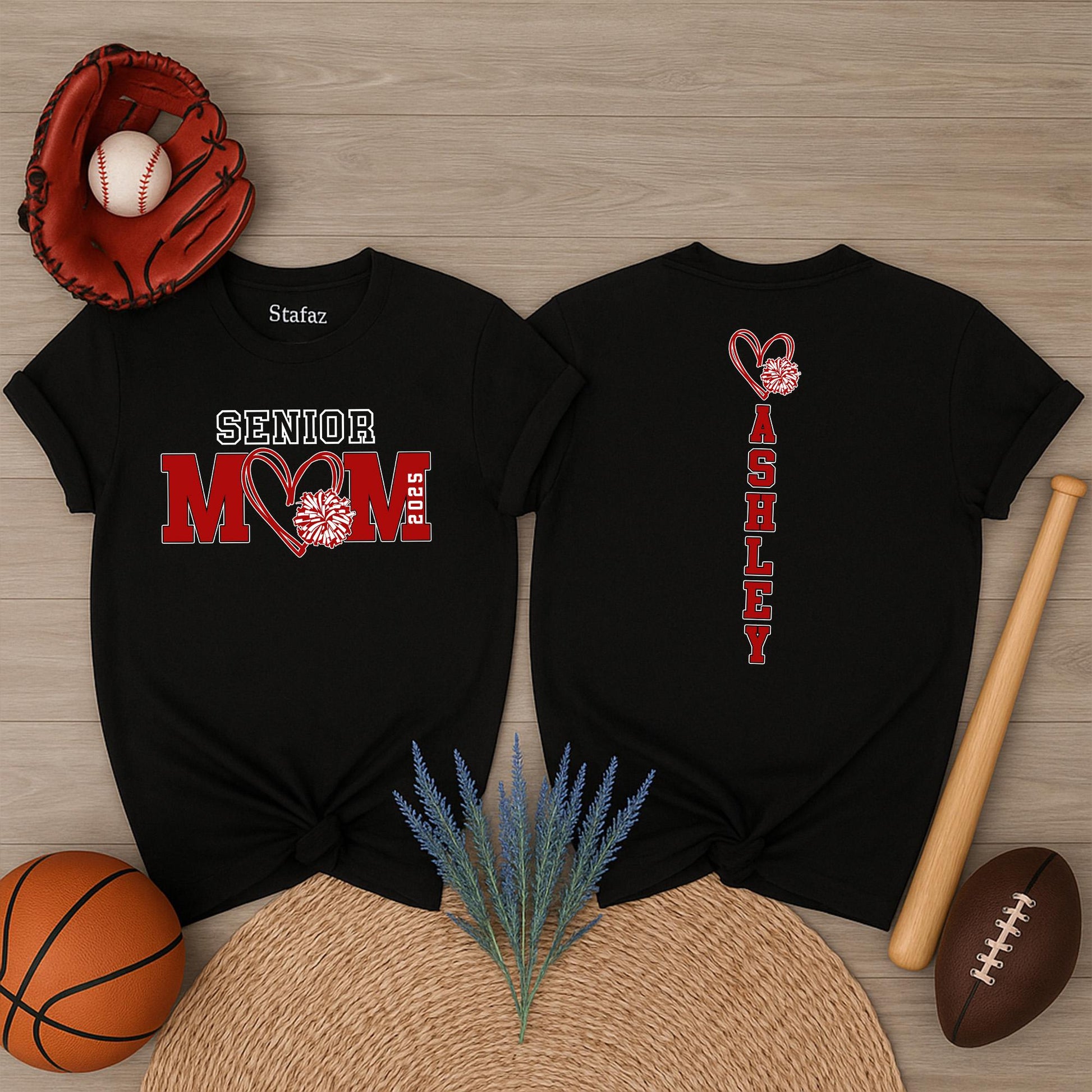 Senior Cheer Mom 2025 Shirt Custom Class of 2026 Spirit Wear with Pompom Heart Design for Senior Night School Team Pride