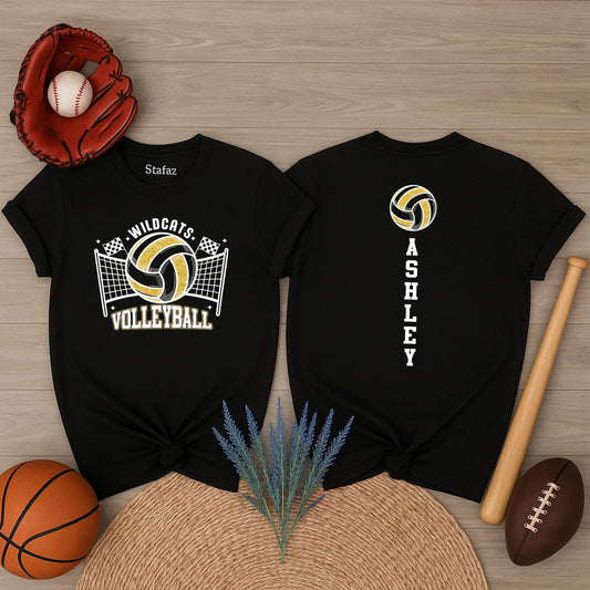Custom Glitter Volleyball Shirt for Wildcats! Personalized Game Day Top with Flags, Volleyball Mom Tee, Sporty Spirit Wear