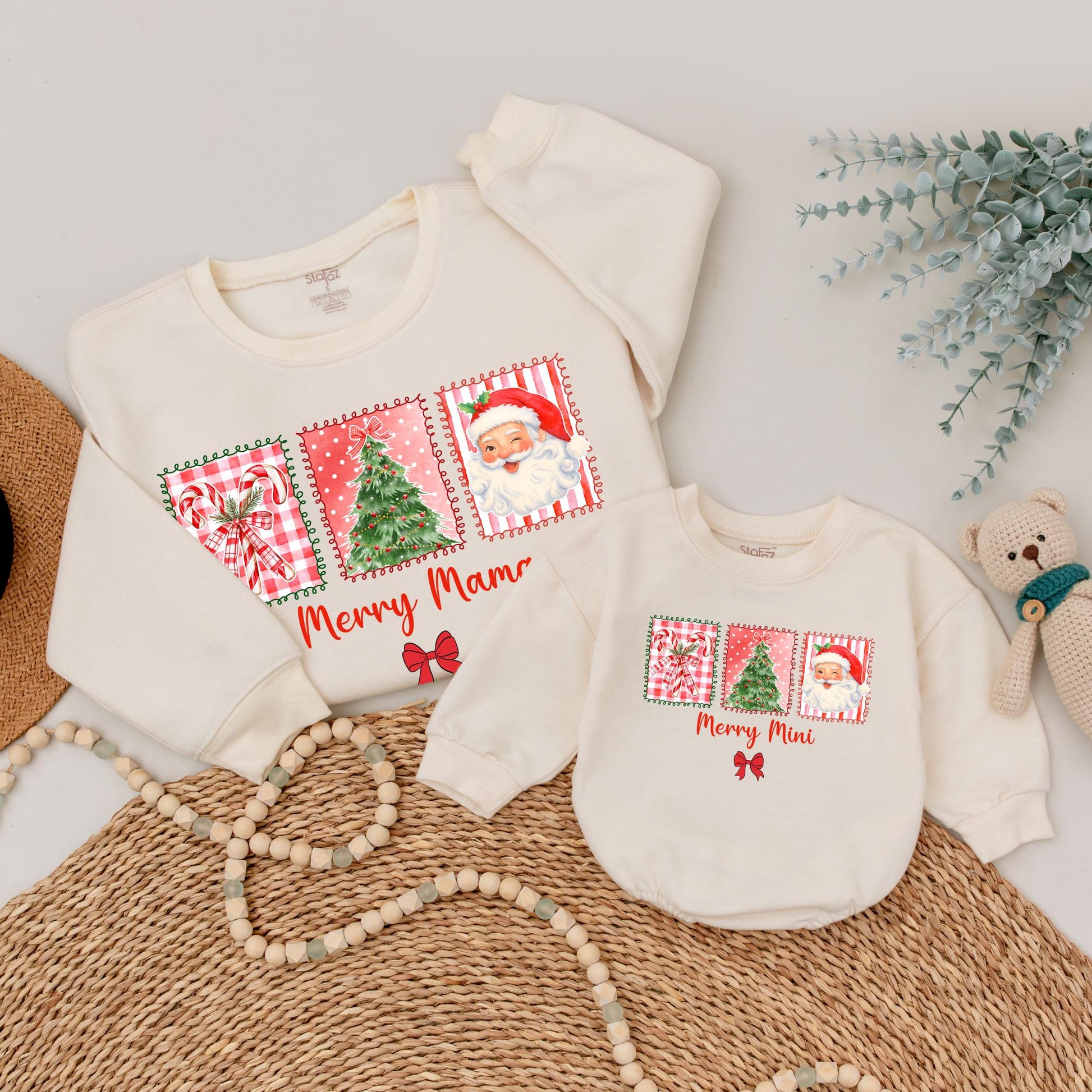 Merry Mama & Mini Matching Christmas Sweatshirt Set Retro Santa Claus Family Outfit Xmas Gift Mom & Baby Holiday Sweaters