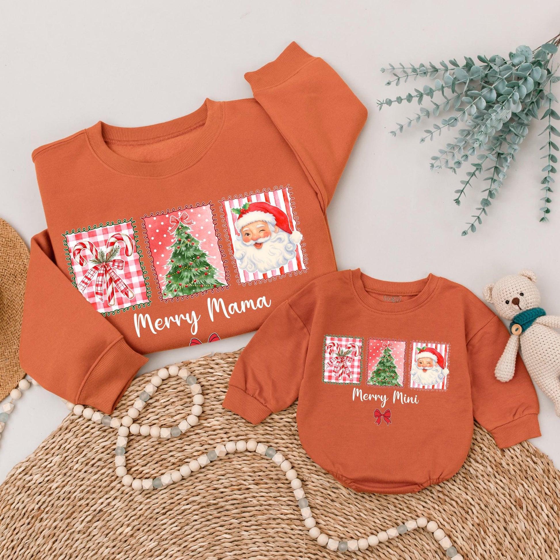 Merry Mama & Mini Matching Christmas Sweatshirt Set Retro Santa Claus Family Outfit Xmas Gift Mom & Baby Holiday Sweaters