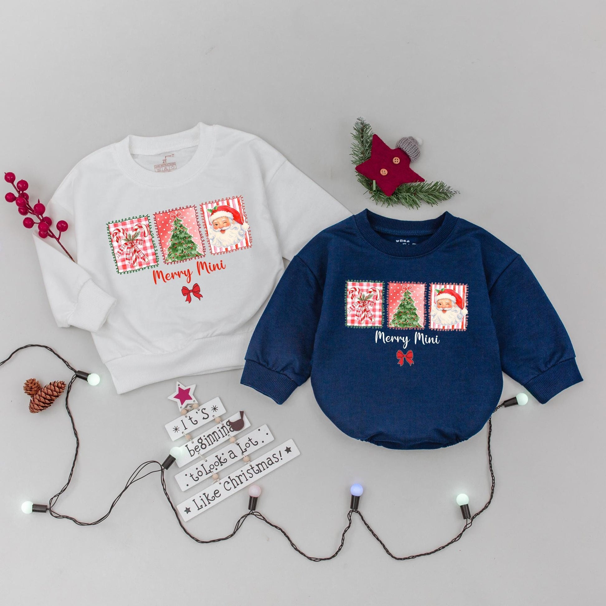 Merry Mama & Mini Matching Christmas Sweatshirt Set Retro Santa Claus Family Outfit Xmas Gift Mom & Baby Holiday Sweaters