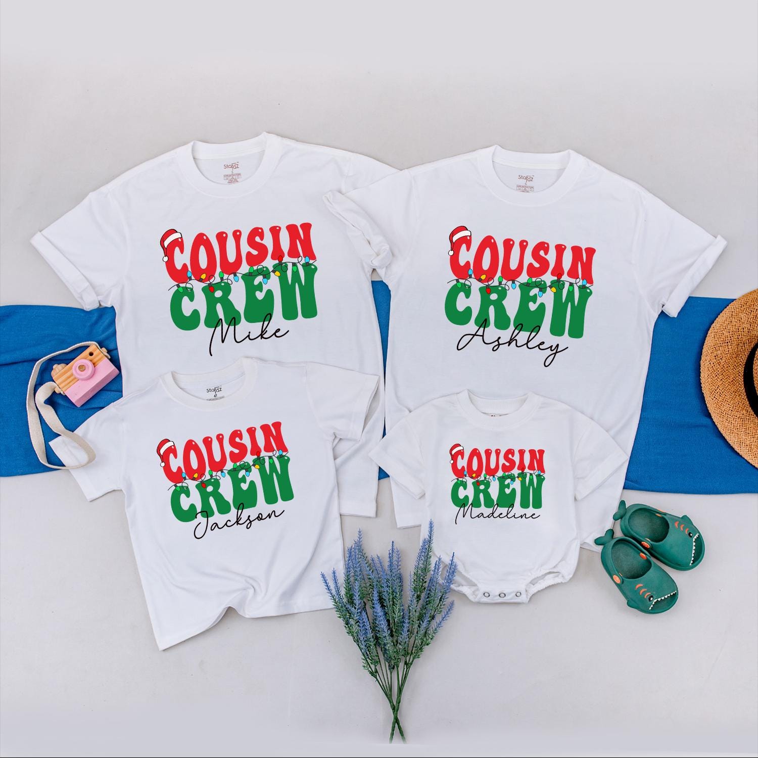 Personalized Cousin Crew Christmas Lights Shirt, Retro Holiday Family Matching Tees, Custom Name Xmas Outfit for Baby, Toddler, Kids, Red Green 138