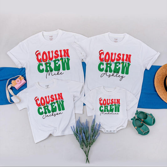 Personalized Cousin Crew Christmas Lights Shirt, Retro Holiday Family Matching Tees, Custom Name Xmas Outfit for Baby, Toddler, Kids, Red Green 138