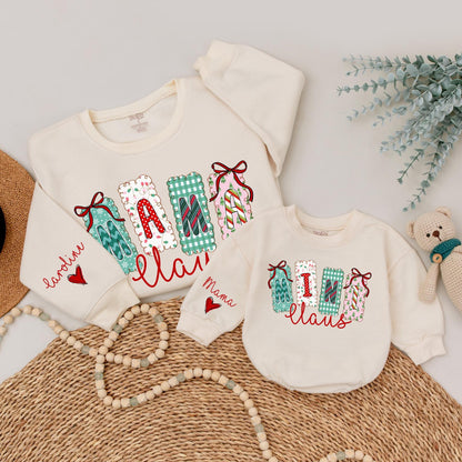 Mama Claus Christmas Sweatshirt with Festive Lettering Matching Family Sweaters & Mini Claus Option Whimsical Holiday Gift for Mom & Baby Xmas Outfit