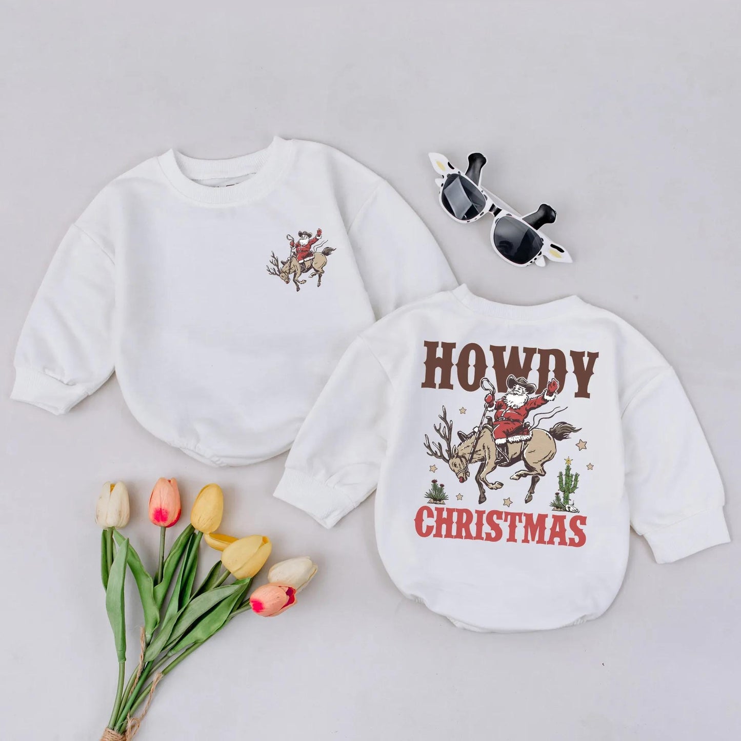 Howdy Christmas Bubble Romper Cowboy Santa Reindeer Western Baby Outfit Infant Toddler Country Holiday Clothes Gift
