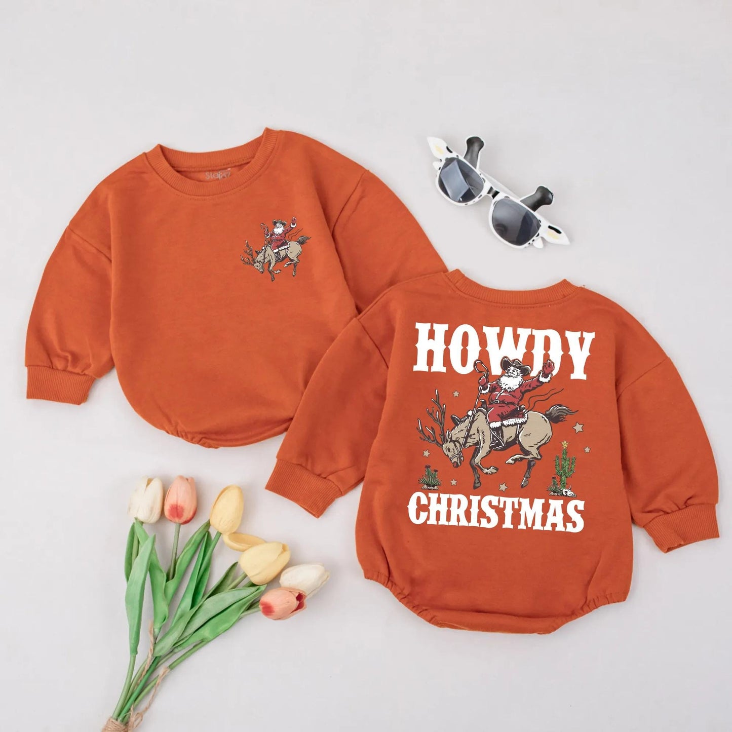 Howdy Christmas Bubble Romper Cowboy Santa Reindeer Western Baby Outfit Infant Toddler Country Holiday Clothes Gift
