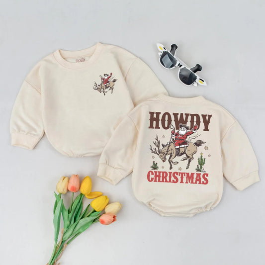 Howdy Christmas Bubble Romper Cowboy Santa Reindeer Western Baby Outfit Infant Toddler Country Holiday Clothes Gift