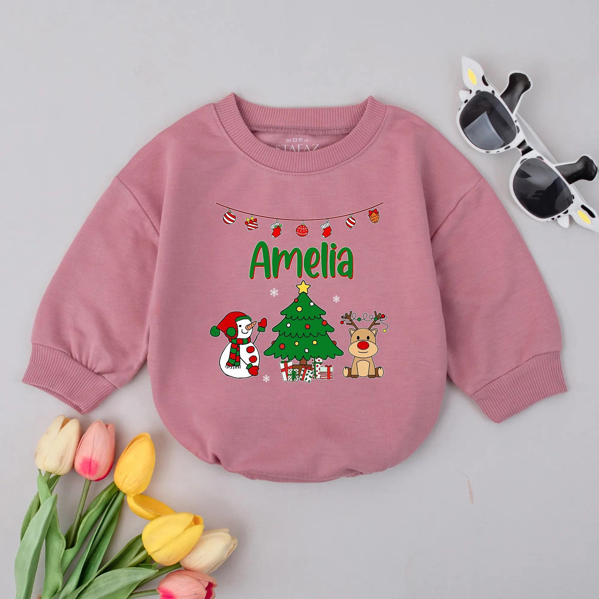 Personalized Christmas Bubble Romper Cute Holiday Bodysuit Outfit Reindeer Snowman Tree Lights Gifts Newborn First Christmas Toddler