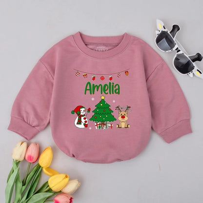 Personalized Christmas Bubble Romper Cute Holiday Bodysuit Outfit Reindeer Snowman Tree Lights Gifts Newborn First Christmas Toddler