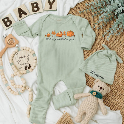Personalized God is Good Baby Bodysuit Fall Thanksgiving Christian Newborn Outfit with Muted Orange Brown Yellow Pumpkin Maple Leaf Design