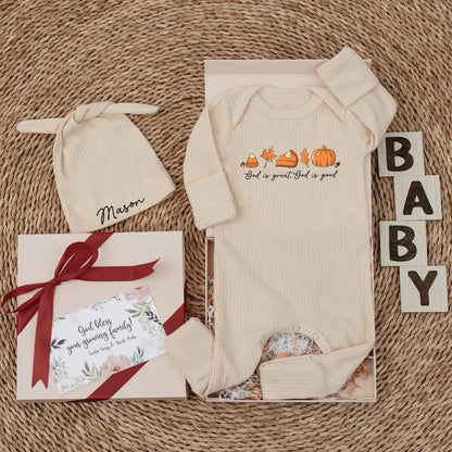 Personalized God is Good Baby Bodysuit Fall Thanksgiving Christian Newborn Outfit with Muted Orange Brown Yellow Pumpkin Maple Leaf Design