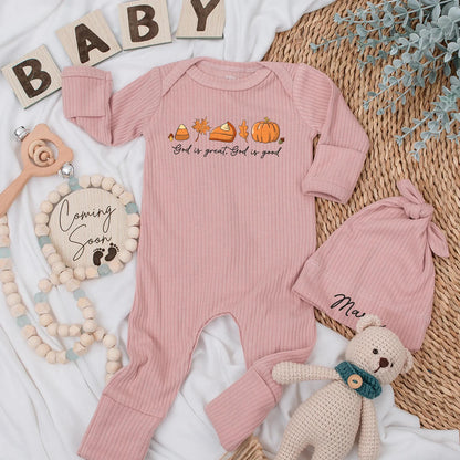 Personalized God is Good Baby Bodysuit Fall Thanksgiving Christian Newborn Outfit with Muted Orange Brown Yellow Pumpkin Maple Leaf Design