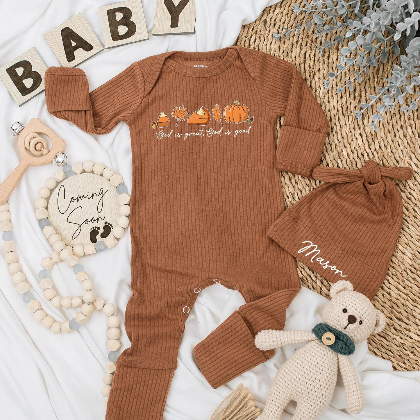 Personalized God is Good Baby Bodysuit Fall Thanksgiving Christian Newborn Outfit with Muted Orange Brown Yellow Pumpkin Maple Leaf Design