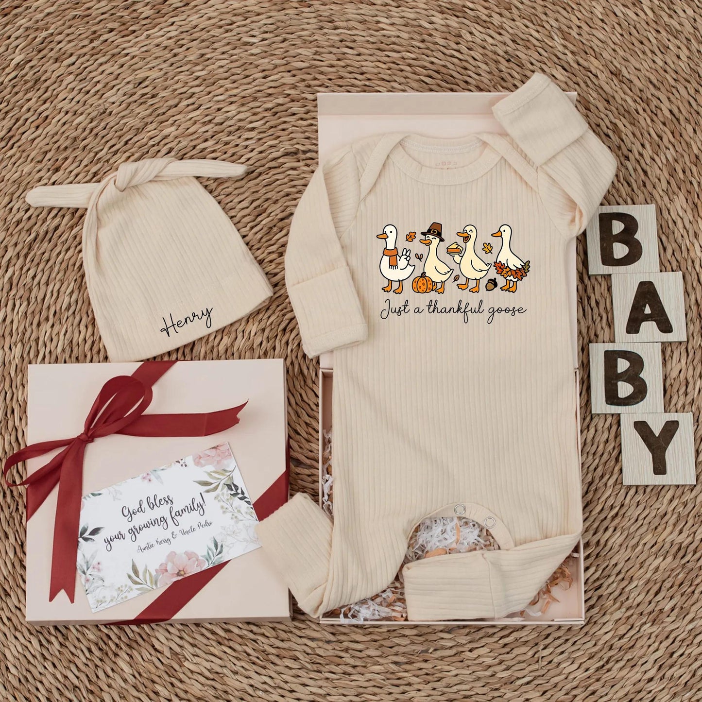 Thankful Goose Baby Bodysuit - Cute Thanksgiving Outfit, Funny Pilgrim Romper with Pumpkins & Falling Leaves, Autumn Newborn Gift for Thanksgiving 136
