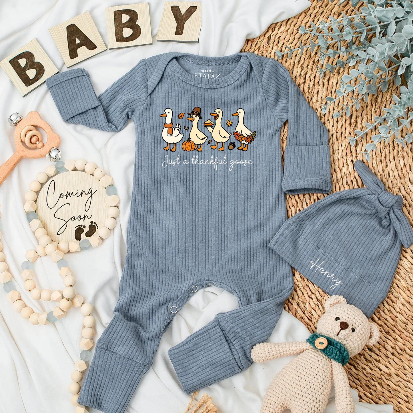 Thankful Goose Baby Bodysuit - Cute Thanksgiving Outfit, Funny Pilgrim Romper with Pumpkins & Falling Leaves, Autumn Newborn Gift for Thanksgiving 136