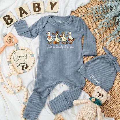 Thankful Goose Baby Bodysuit - Cute Thanksgiving Outfit, Funny Pilgrim Romper with Pumpkins & Falling Leaves, Autumn Newborn Gift for Thanksgiving 136