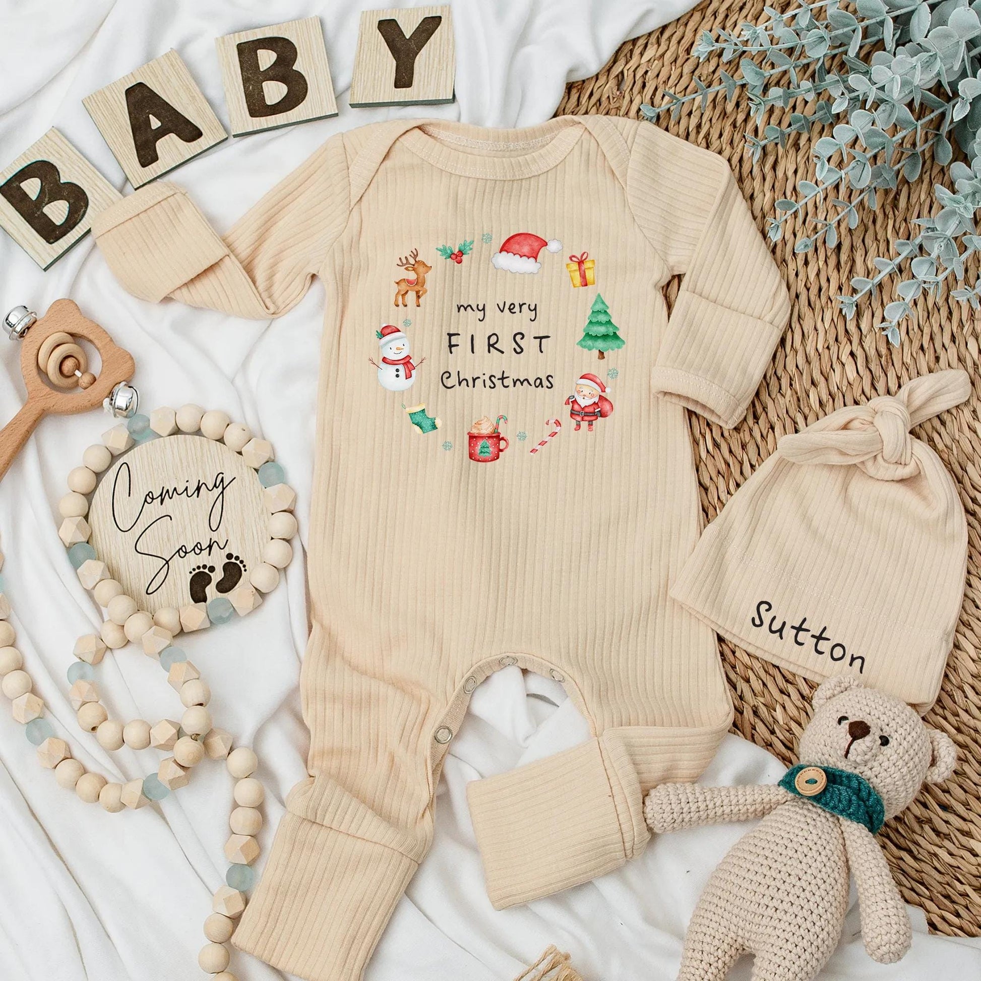 My Very First Christmas Baby Bodysuit Adorable Whimsical Holiday Newborn Outfit featuring Reindeer Santa Tree Snowman Gifts Xmas Shower Gift Idea