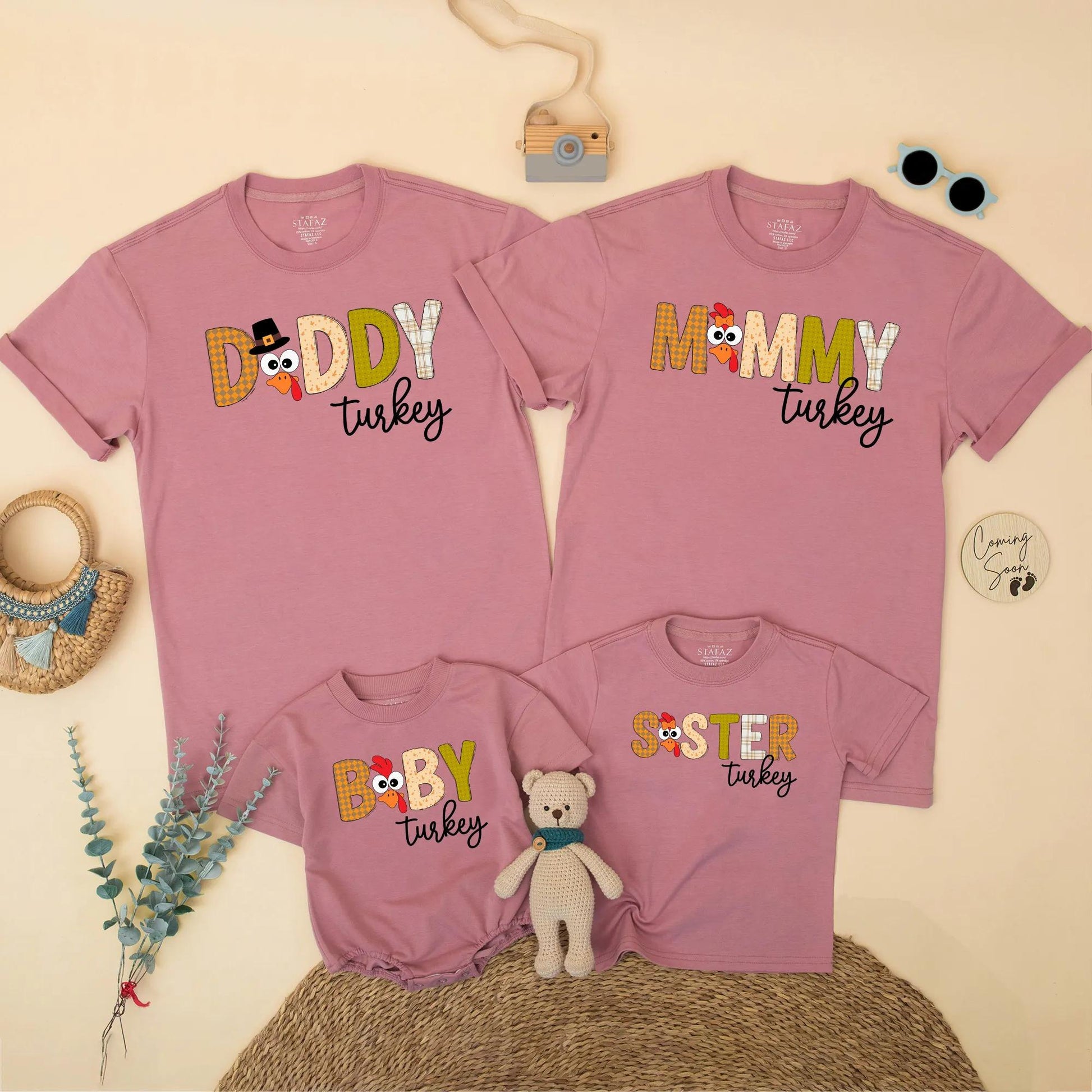Custom Family Matching Thanksgiving Turkey Shirts, Autumnal Mommy Daddy Baby Brother Outfits featuring Cute Festive Cartoon Designs for Fall