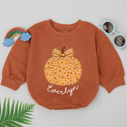 Personalized Chinoiserie Pumpkin Bubble Romper Floral Fall Thanksgiving Baby Girl Outfit Whimsical Orange Brown Gingham Bow Name Gift