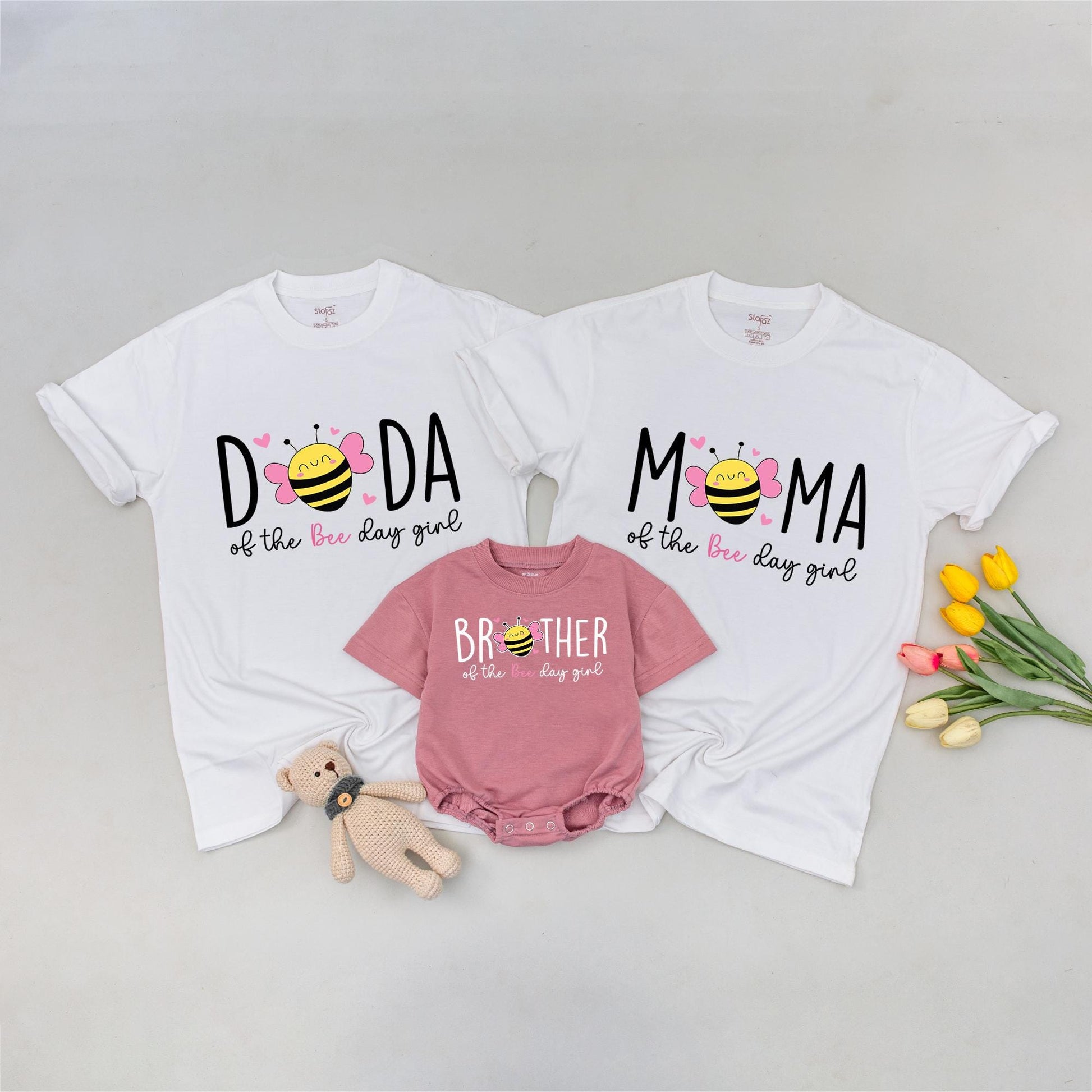 Sweet Bee First Birthday Matching Family Shirts, Bee Day Girl Outfit, Mommy and Me, Pink and Yellow, Cartoon Bee Party Theme, 1st Birthday