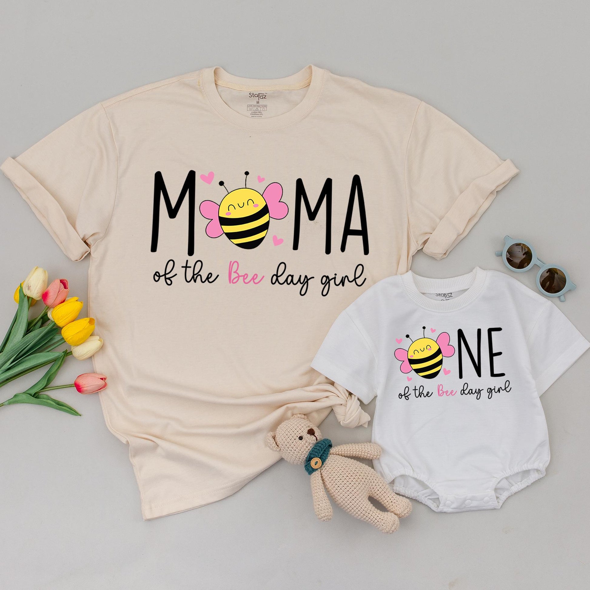 Sweet Bee First Birthday Matching Family Shirts, Bee Day Girl Outfit, Mommy and Me, Pink and Yellow, Cartoon Bee Party Theme, 1st Birthday