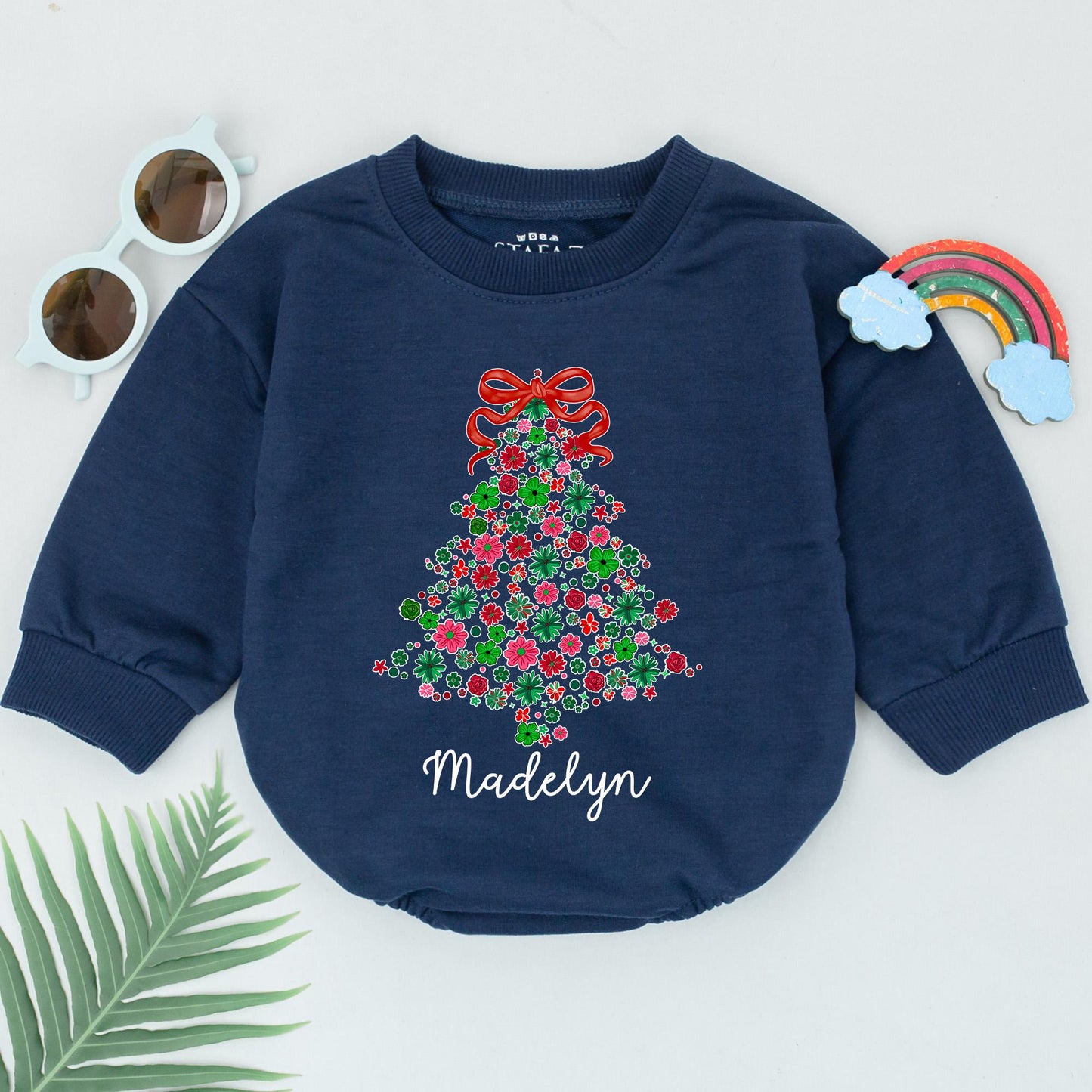 Personalized Madelyn Floral Christmas Tree Romper Baby Girl's First Xmas Bodysuit Red & Green Holiday Outfit Custom Name Baby Shower Gift (136 chars)