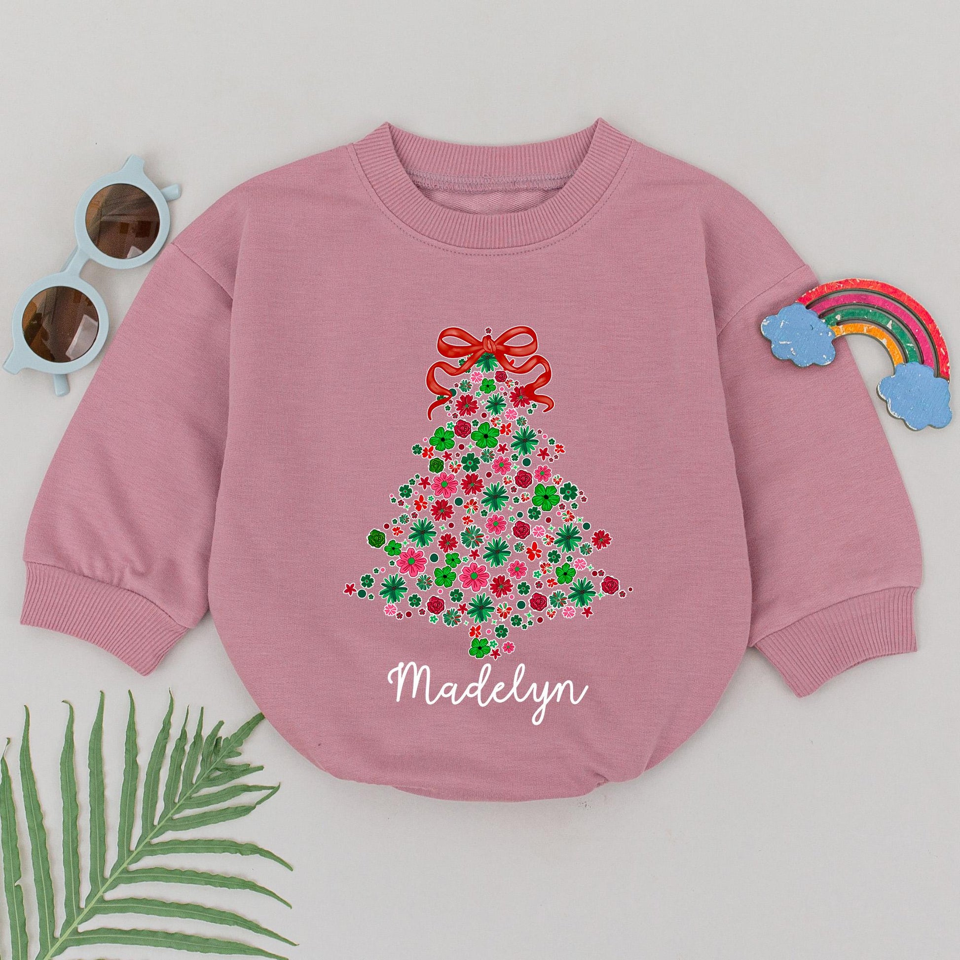 Personalized Madelyn Floral Christmas Tree Romper Baby Girl's First Xmas Bodysuit Red & Green Holiday Outfit Custom Name Baby Shower Gift (136 chars)