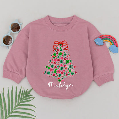 Personalized Madelyn Floral Christmas Tree Romper Baby Girl's First Xmas Bodysuit Red & Green Holiday Outfit Custom Name Baby Shower Gift (136 chars)