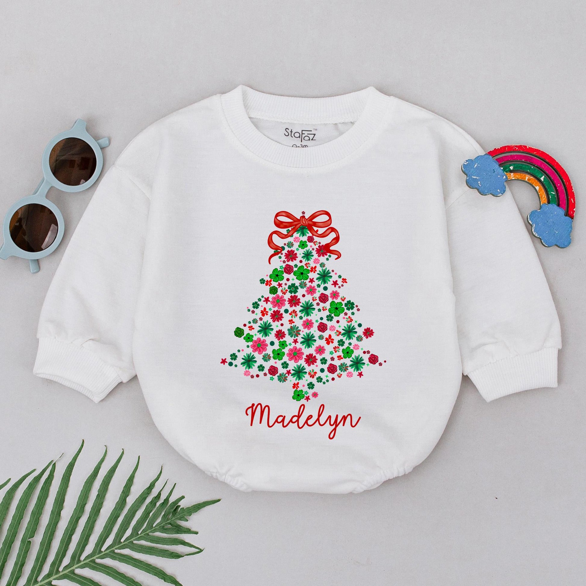 Personalized Madelyn Floral Christmas Tree Romper Baby Girl's First Xmas Bodysuit Red & Green Holiday Outfit Custom Name Baby Shower Gift (136 chars)