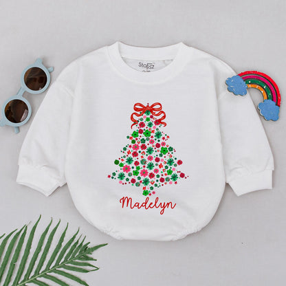 Personalized Madelyn Floral Christmas Tree Romper Baby Girl's First Xmas Bodysuit Red & Green Holiday Outfit Custom Name Baby Shower Gift (136 chars)