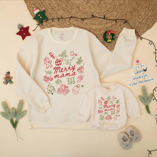 Matching Merry Mama & Mini Christmas Sweatshirt Family Outfit Winter Birthday Holiday Sweater Gift Mom, Baby