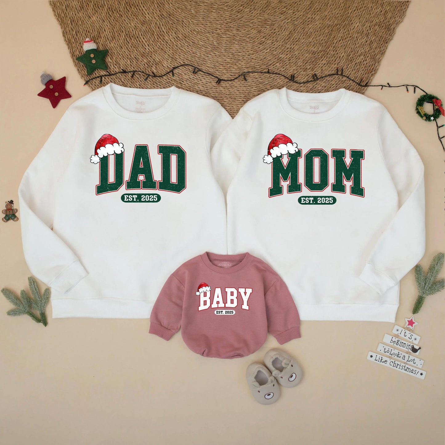 Retro Christmas Family Matching Sweatshirt Vintage Santa Hat Mom Dad Baby Est. 2025 Collegiate Forest Green Sweater Pregnancy Announcement Gift