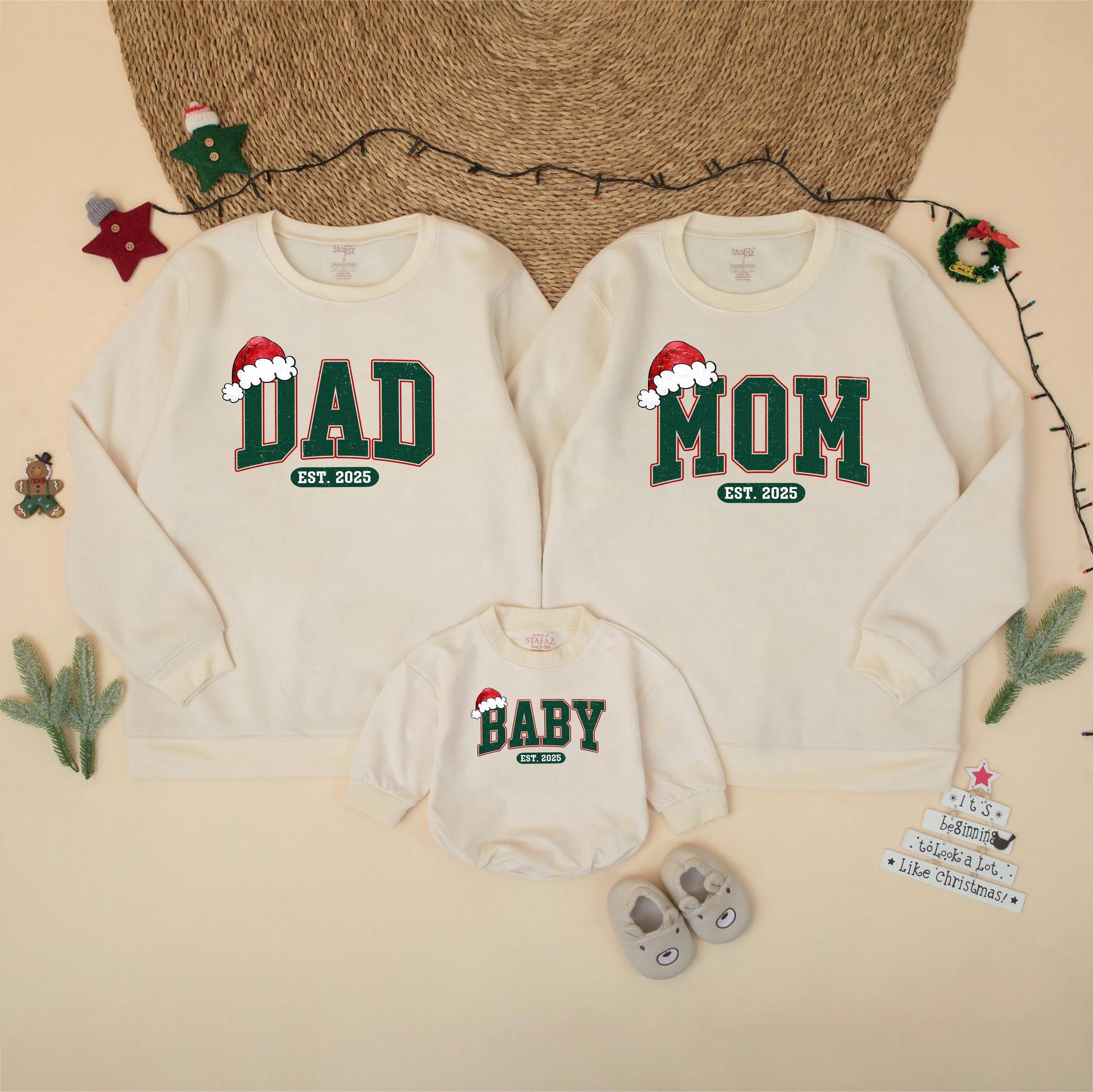 Retro Christmas Family Matching Sweatshirt Vintage Santa Hat Mom Dad Baby Est. 2025 Collegiate Forest Green Sweater Pregnancy Announcement Gift