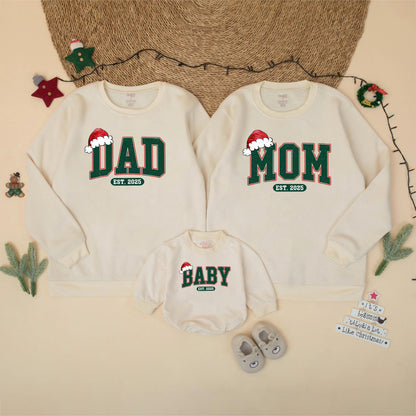 Retro Christmas Family Matching Sweatshirt Vintage Santa Hat Mom Dad Baby Est. 2025 Collegiate Forest Green Sweater Pregnancy Announcement Gift